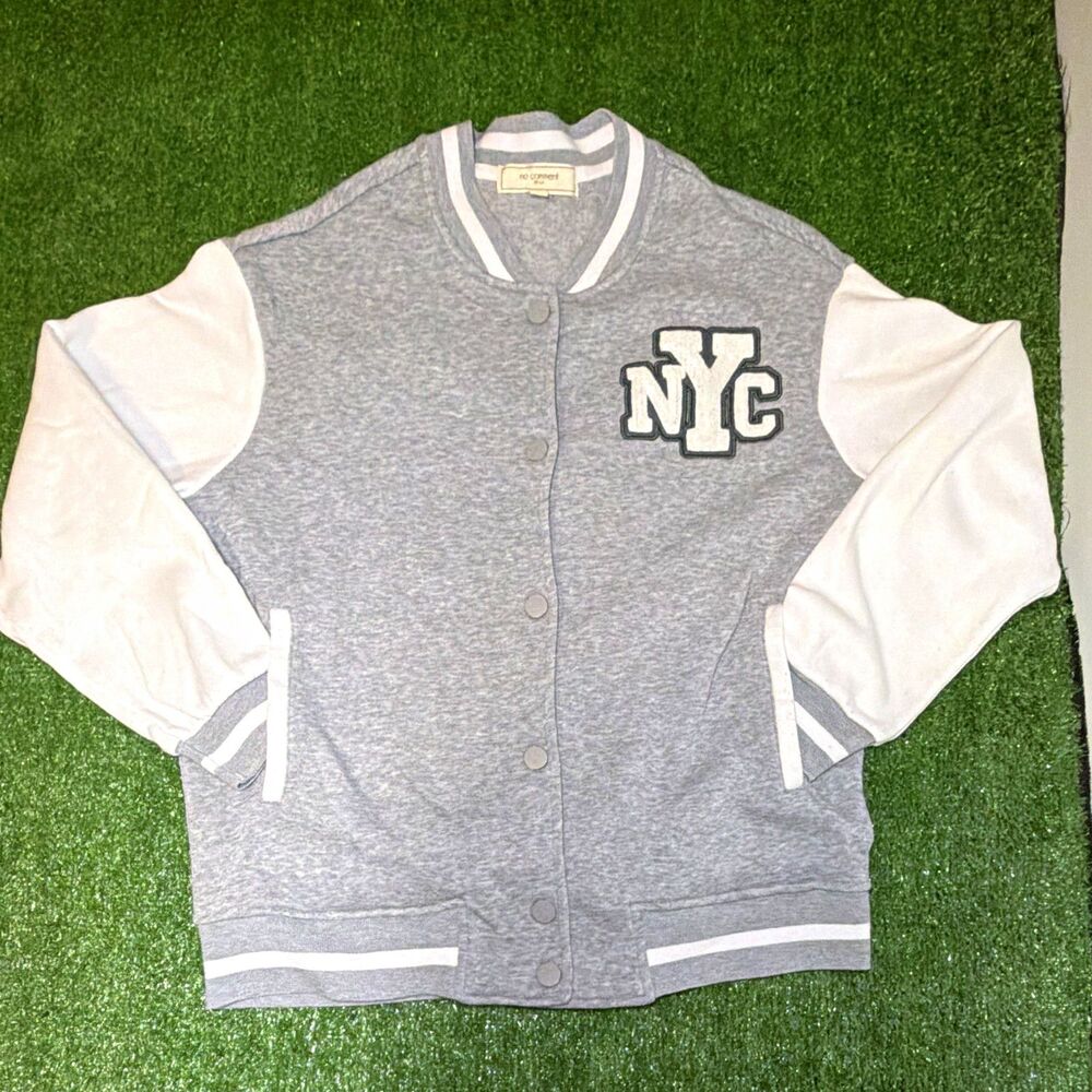 No Comment NYC Women's Varsity Jacket Gray/White Snap Front Logo Size S